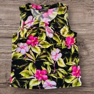 KASPER Womens Top Pleated Neck Floral Black Green Pink Blouse Size Petite Small